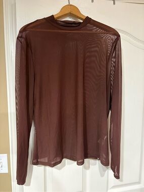 NWT- SHEIN Women’s Long-Sleeve Sheer Crewneck Shirt - Chocolate Brown